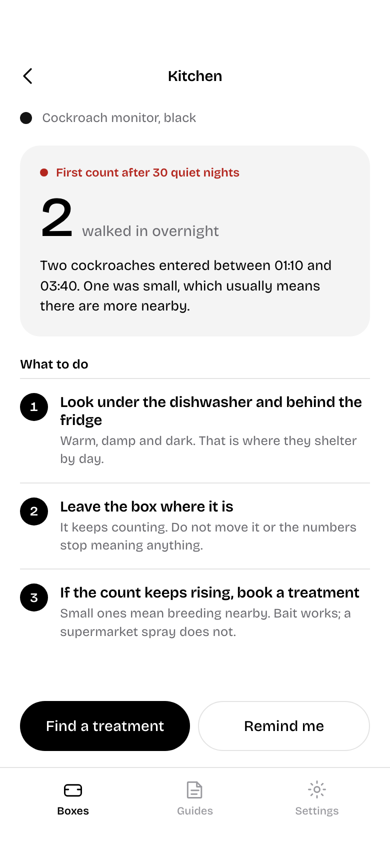 Alert screen: two cockroaches counted overnight and three steps to take