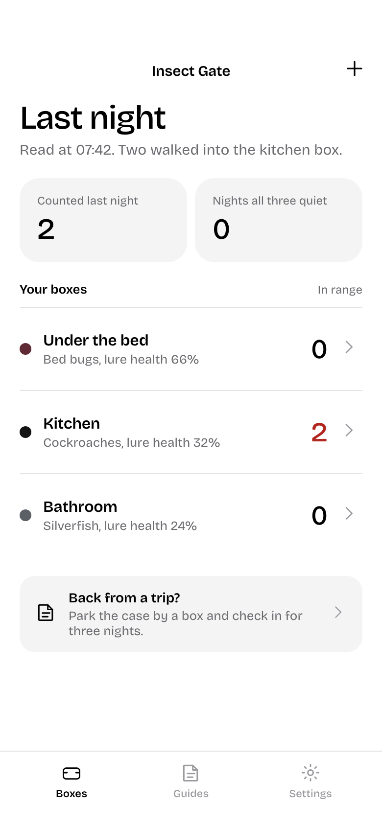 Insect Gate app showing last night's count for three boxes in a home